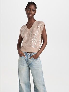 Madewell Sequin-Embellished Knit Sweater Vest Heather-Tawny Light Tan L